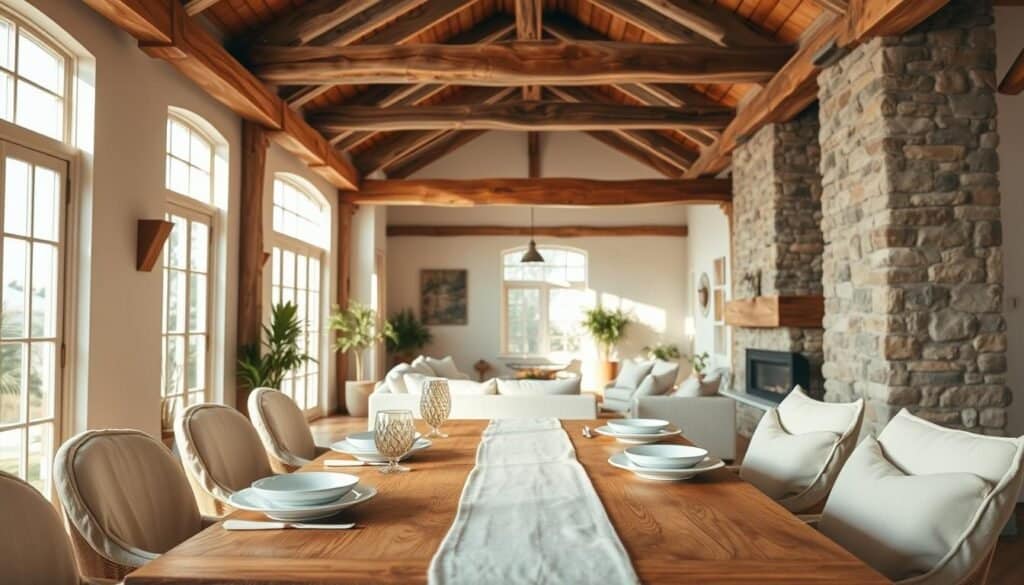 A cozy living space featuring structural warmth materials like natural wood beams, stone accents, and plush textiles. In the foreground, a beautifully crafted wooden dining table adorned with soft linens is set with simple, elegant dinnerware. The middle ground showcases a bright, airy room with large windows allowing soft sunlight to flood in, highlighting the rich textures of the wood and stone. In the background, neutral-colored walls complement the warm materials, while a few indoor plants add a touch of greenery. The atmosphere is inviting and serene, conveying the idea of warmth through architecture rather than decoration. Captured from a slightly elevated angle to emphasize the interplay of light and shadow, creating a harmonious balance of comfort and structure.