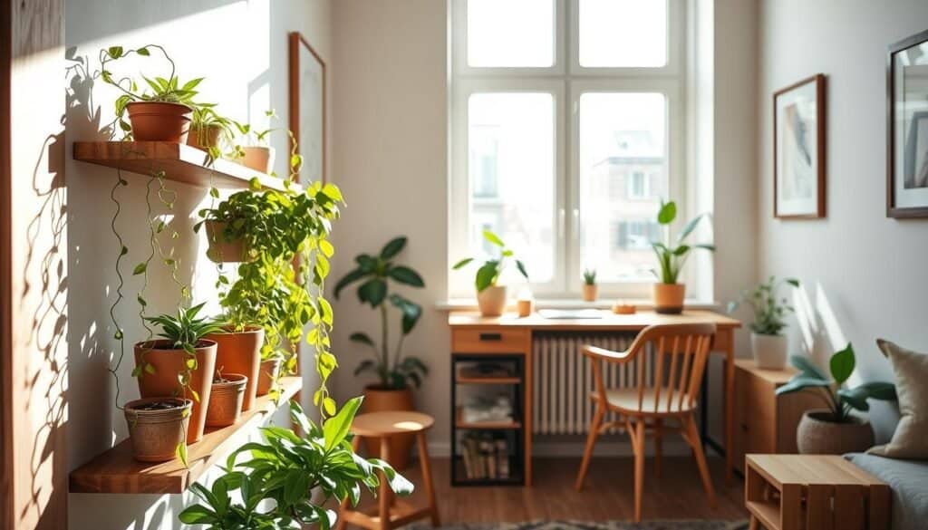 A cozy, modern apartment corner showcasing small space solutions with wood and plants. In the foreground, a beautifully crafted wooden shelf filled with various potted plants in earthy tones, featuring trailing vines and vibrant green leaves. The middle layer highlights a sleek wooden desk with a plant on one side and a comfortable chair, bathed in soft, natural light. In the background, large windows allow bright sunlight to flood the space, creating an airy atmosphere with shadows dancing on the walls. Include delicate wooden accents, like a small coffee table or framed artwork. The mood should feel tranquil and balanced, emphasizing the harmonious blend of natural materials and greenery.