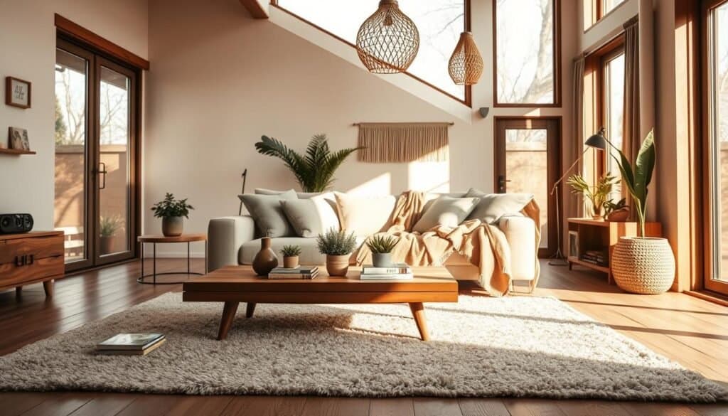 A cozy modern boho sitting room featuring soft, warm lighting that harmonizes the space. In the foreground, a plush, textured area rug complements a low, wooden coffee table adorned with potted plants and a few stylish books. The middle section showcases a comfortable, oversized sofa with neutral-toned cushions and a flowing throw blanket, arranged invitingly around the table. Natural light streams in through large, airy windows, casting gentle, soft shadows and highlighting the rich wood textures of the furniture. In the background, hanging pendant lights with a bohemian flair illuminate the room softly, enhancing the serene atmosphere. The overall mood is inviting and relaxed, perfect for unifying different spaces in a home. Capture this scene with a wide-angle lens to emphasize the open, flowing layout.