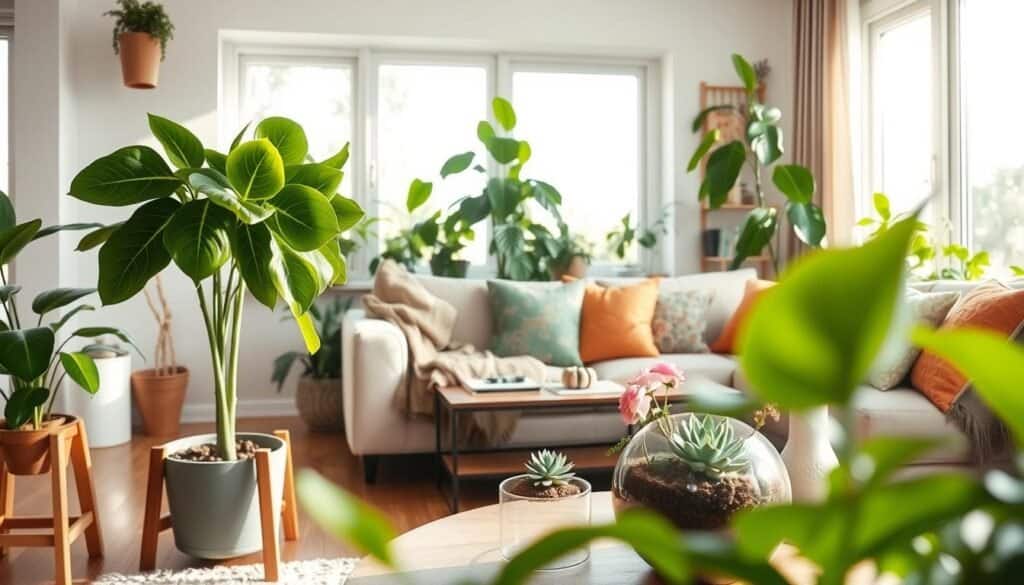 A cozy, modern living room filled with vibrant green plants that radiate a sense of life and intelligence. In the foreground, a large potted fiddle leaf fig with glossy leaves and a wooden plant stand beside a soft, beige sofa adorned with colorful cushions. In the middle ground, a stylish coffee table featuring a small terrarium with miniature succulents and a beautifully crafted vase with fresh flowers. The background reveals large windows allowing bright natural light to pour in, emphasizing the organic textures of wood and soft textiles. The room is airy and well-lit, creating a warm, inviting atmosphere. Use soft sunlight to capture the essence of the space, with a slightly elevated angle to provide depth and perspective. The mood should feel harmonious and connected, showcasing the relationship between plants and human living spaces.