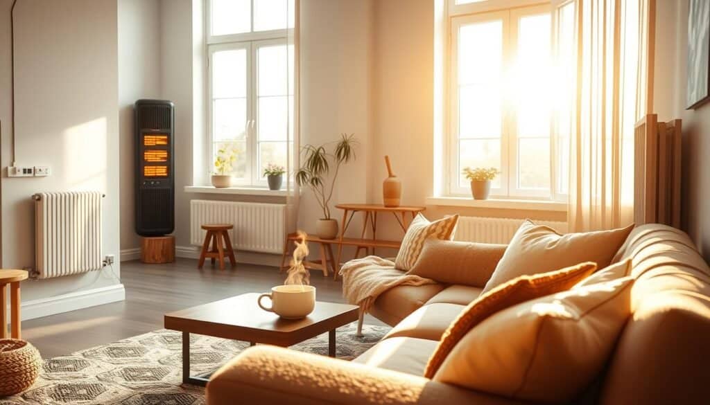 A cozy, modern living room showcasing energy-efficient heating solutions, featuring a stylish electric wall heater integrated seamlessly into a beautifully designed space. In the foreground, a plush, inviting sofa with decorative cushions is positioned near the heater, radiating warmth. The middle ground includes a wooden coffee table adorned with a steaming mug of tea and a small potted plant, emphasizing comfort. In the background, large windows allow bright, soft sunlight to stream in, illuminating the room and enhancing the warm atmosphere. Decor is minimalistic with earthy tones and textures, creating an airy and welcoming feel. The overall mood is inviting and tranquil, suggesting an effective solution for cold spaces.