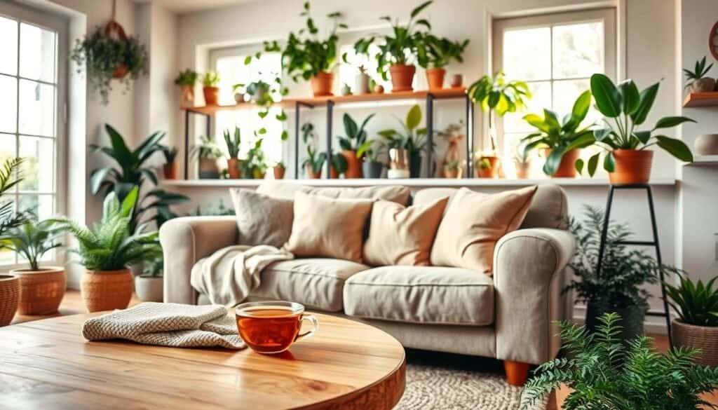 A cozy, natural living room filled with lush indoor plants, such as ferns and succulents. In the foreground, a wooden coffee table showcases a textured cloth and a steaming cup of tea. The middle ground features a plush, soft couch adorned with earth-toned cushions, inviting relaxation. Large windows in the background let in bright, airy sunlight, reflecting off light-colored walls and enhancing the greenery. Potted plants are displayed on shelves and in corners, creating a harmonious atmosphere. The room has wooden flooring and a woven rug, completing the inviting look. The scene conveys a peaceful, tranquil mood, perfect for softening a living space. The lighting is warm and natural, with no harsh shadows, captured from a slightly elevated angle to emphasize the depth and arrangement of the decor.