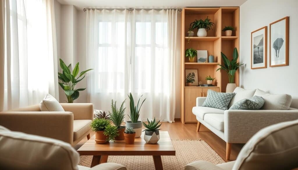 A cozy, neutral-toned living room in a small apartment, emphasizing natural elements. The foreground features a small wooden coffee table adorned with potted plants, including succulents and a fern, surrounded by a comfortable sofa with soft, textured cushions. In the middle, an open space bathed in bright, soft sunlight from large windows, showcasing light, airy curtains fluttering in the breeze. The background includes natural wood shelving displaying more greenery and a few art pieces that resonate with earthy tones. A woven rug ties the space together, enhancing the welcoming atmosphere. The overall composition feels serene and thoughtfully arranged, inviting the viewer to experience a blend of indoor comfort and the calming essence of nature.
