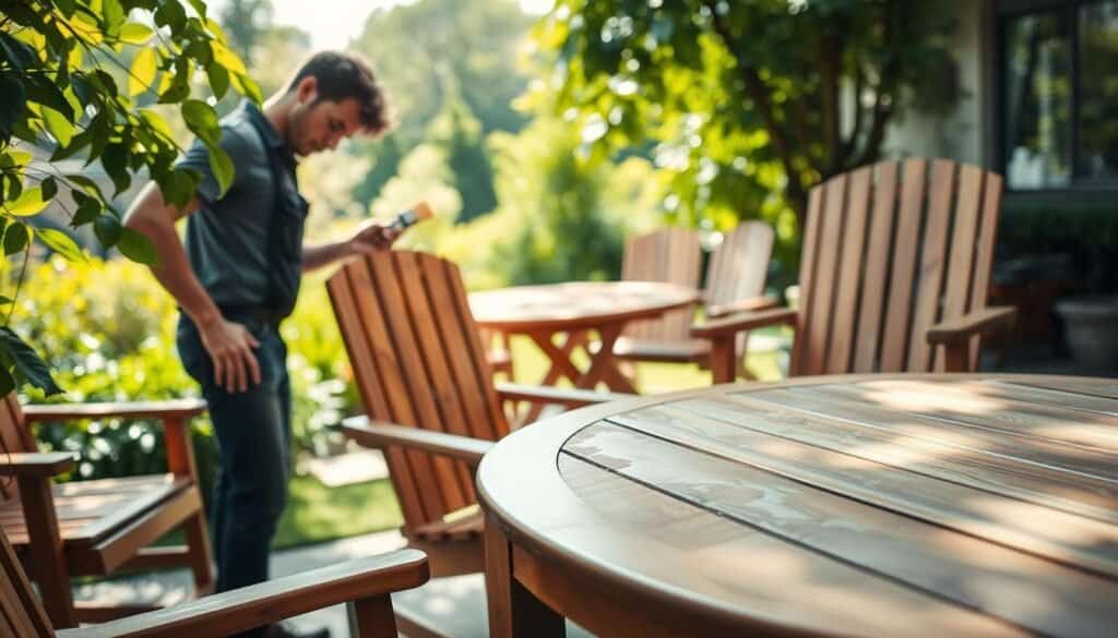 A cozy outdoor patio scene showcasing weatherproofing wooden furniture. In the foreground, a skilled craftsman applies a protective sealant to a beautifully crafted wooden table using a brush, wearing casual work attire. The middle ground features several pieces of elegant weatherproofed wooden chairs and a table, with a vibrant green garden in the background. Soft sunlight filters through the leaves, casting gentle shadows and creating a warm, inviting atmosphere. The scene captures the essence of care and maintenance for outdoor wooden elements, reflecting the beauty and comfort they bring to patios. The angle is slightly elevated, providing a clear view of the meticulous work being done and the overall arrangement of the patio.
