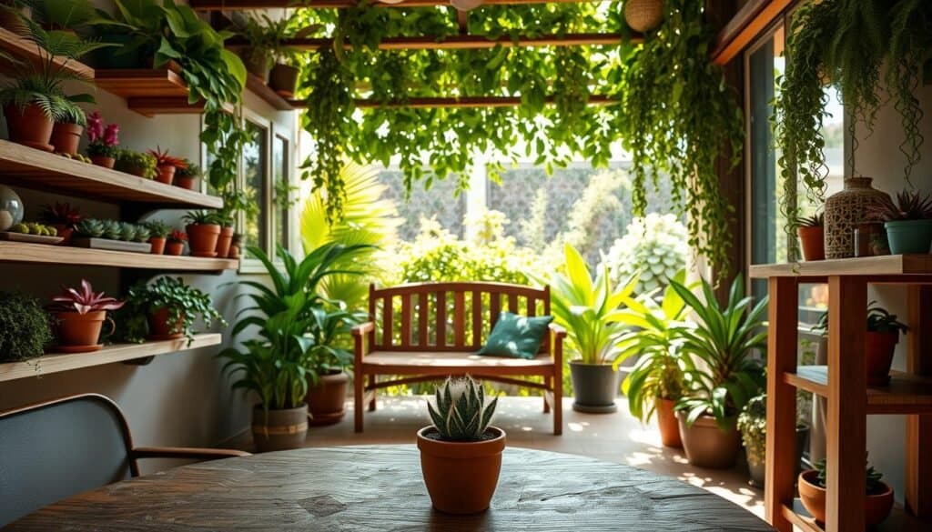 A cozy outdoor space adorned with a variety of vibrant house plants, including ferns, succulents, and a cascading pothos plant, artfully arranged on rustic wooden shelves. In the foreground, a small potted cactus sits on a textured table, while in the middle, a wooden bench is surrounded by lush greenery. The background showcases a sun-drenched patio with bright natural light filtering through leaves, casting soft shadows and highlighting the intricate details of the plants. The scene exudes a tranquil and rejuvenating atmosphere, inviting viewers to envision a well-loved outdoor retreat. Captured with a wide-angle lens, the image emphasizes both the intimacy of the space and the inviting presence of nature, creating a serene and uplifting mood.