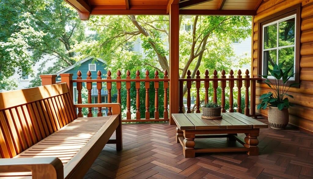 A cozy outdoor space showcasing functional wood details, including a beautifully crafted wooden deck with intricate patterns. In the foreground, there are elegant wooden furniture pieces, such as a slatted bench and a rustic coffee table, both made from rich, warm-toned wood. The middle ground features a railing adorned with decorative wooden balusters, providing a sense of security while enhancing the aesthetic. In the background, lush greenery adds a touch of nature, with soft sunlight filtering through the leaves, casting gentle shadows on the wood surfaces. The scene is bright and airy, evoking a serene and welcoming atmosphere, with a wide-angle perspective to highlight the connection between the wood details and the surrounding environment.
