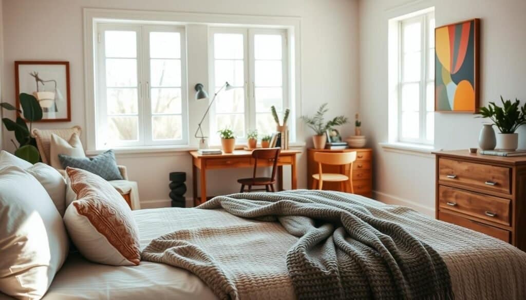 A cozy, personalized bedroom retreat filled with meaningful touches. In the foreground, a beautifully made bed with a soft, textured throw blanket and an array of decorative pillows. To the side, a small bedside table holding a stylish lamp and a framed photo of cherished memories. The middle ground features a tasteful combination of wooden furniture, including a desk adorned with plants and a few artful books, while a vibrant piece of artwork hangs on the wall. In the background, large windows invite in bright, natural light, casting a warm glow across the room. The atmosphere is serene and inviting, encouraging relaxation. The scene should reflect a harmonious blend of modern and rustic décor, evoking comfort and personalization. The room is airy, well-lit, with soft sunlight illuminating the spaces.