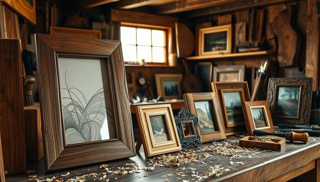 A cozy, rustic setting featuring an assortment of handcrafted wooden picture frames of varying sizes and designs. In the foreground, a richly textured frame holds an abstract photo, surrounded by smaller, intricately carved frames displaying nature scenes. The middle ground includes a workbench scattered with tools and wood shavings, suggesting an ongoing woodworking project. In the background, a sunlit window casts soft, warm sunlight that highlights the natural grains and hues of the wood, creating an inviting atmosphere. The lens captures the scene from a slightly elevated angle, emphasizing the artistic details and craftsmanship of the frames. The entire composition conveys a sense of homey charm and creativity, perfect for inspiring new woodworking projects.