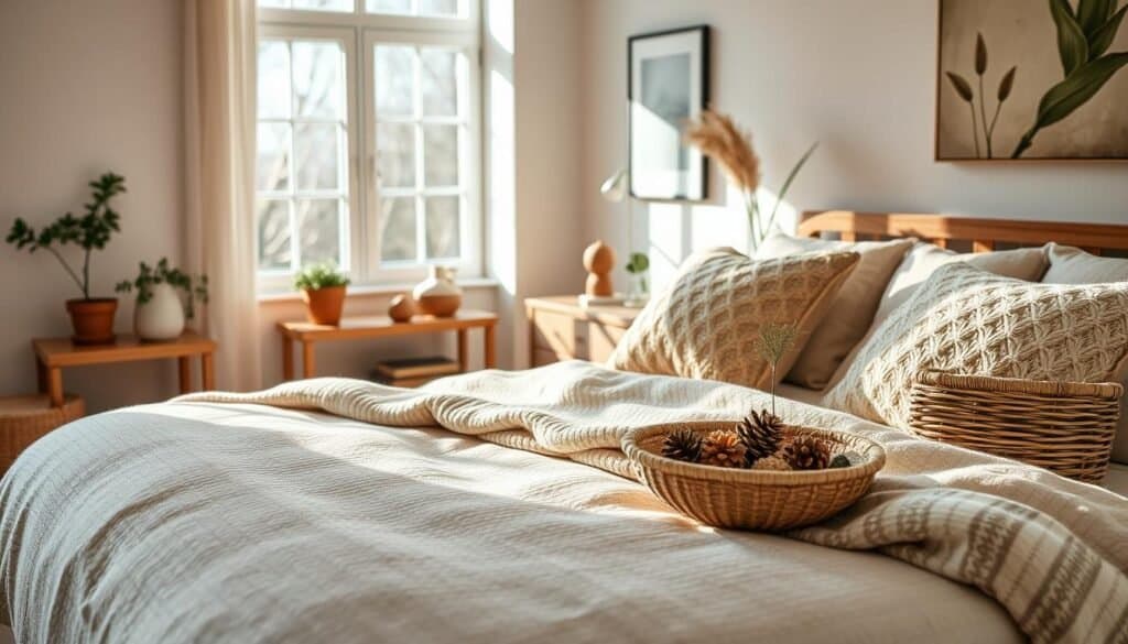 A cozy, seasonal bedroom filled with natural elements that rejuvenate the space. In the foreground, a beautifully made bed with an earthy-toned duvet, layered with knitted throws and textured pillows featuring soft organic patterns. The middle layer showcases wooden furniture, such as a bedside table with a small potted plant, and a woven basket filled with natural decor items like pinecones and dried flowers. The background has a large window allowing soft sunlight to stream in, casting gentle shadows and creating an airy feeling. The walls are painted in calming neutral tones, accentuated by a nature-inspired artwork. The overall mood is warm, inviting, and revitalizing, perfect for any season. The image should capture the textures and natural light beautifully, inviting the viewer into this serene space.