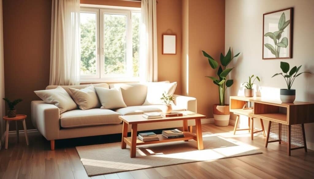 A cozy small apartment interior, showcasing a modern minimalist design. In the foreground, a soft beige sofa adorned with neutral-colored throw pillows, inviting with a light fabric. The middle ground features a stylish wooden coffee table, topped with a few carefully arranged indoor plants and a small stack of books. A window in the background allows bright natural light to flood the space, casting gentle shadows on light wooden flooring. The walls are painted in soft earth tones, enhancing the natural aesthetic. Decorative elements include a geometric rug and wall art that complements the calm atmosphere. The overall mood is serene and welcoming, perfect for creating a space you enjoy being in. Shot with a wide-angle lens at a slight angle to capture depth and warmth. Soft sunlight adds to the ambiance, creating an airy, uplifting feeling.