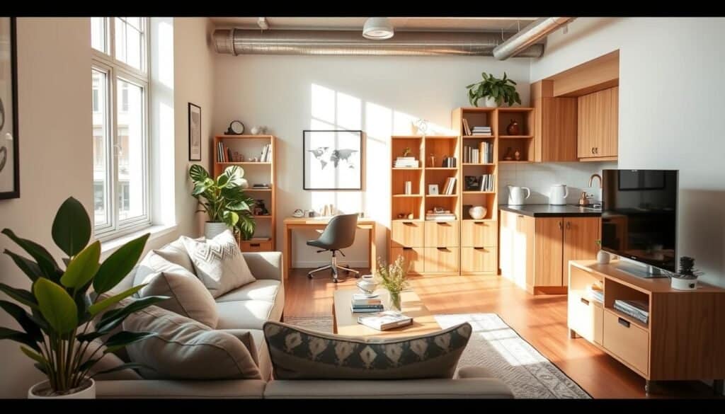 A cozy small apartment interior showcasing effective space utilization. In the foreground, a comfortable seating area with a stylish, minimalist sofa adorned with soft cushions, paired with a chic coffee table and a vibrant, potted plant. The middle ground features an open workspace with a wooden desk and an ergonomic chair, complemented by a well-organized bookshelf filled with books and decorative items. The background reveals a charming kitchen nook with natural wood cabinetry and inviting decor. Soft sunlight streams in through a large window, illuminating the entire space and creating a warm, airy atmosphere. The image captures a professional yet inviting mood, showcasing how to transform underutilized spaces into enjoyable areas for everyday living.