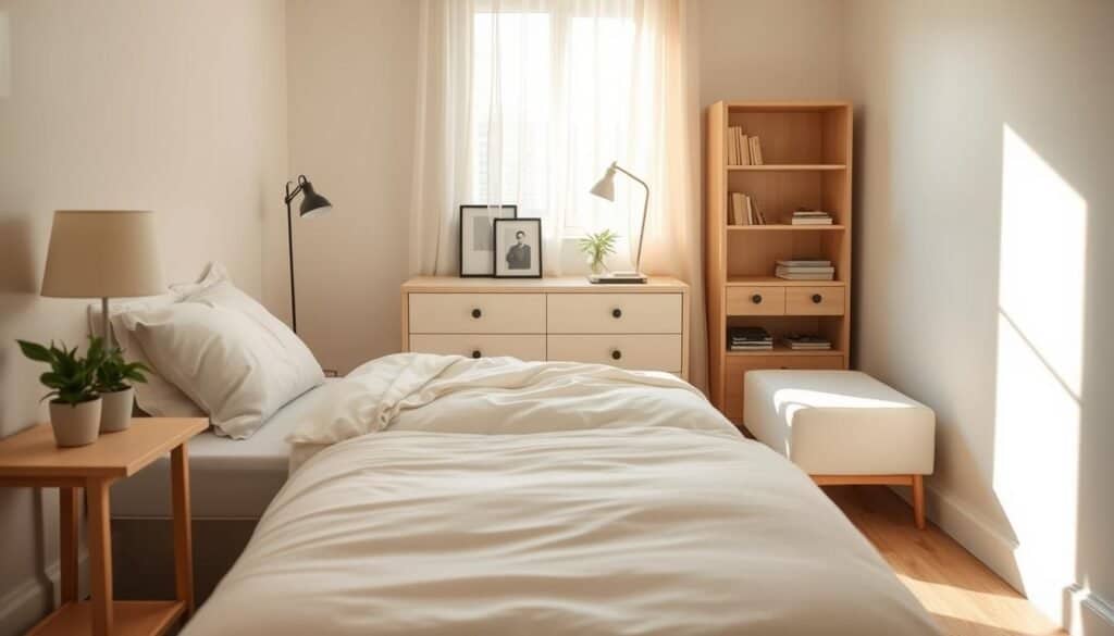 A cozy small bedroom designed for calm and tranquility, featuring a neatly made bed with soft, neutral-colored linens. In the foreground, a tidy nightstand with a small potted plant and a minimalist lamp. The middle ground showcases a decluttered dresser with few essential items—perhaps a few books and a framed photo on top. In the background, natural light filters in through a sheer curtain-draped window, illuminating the room with a warm and inviting glow. Light wood flooring complements the airy atmosphere, while pastel wall colors enhance the serene vibe. The composition captures the essence of a peaceful, organized space, ideal for fostering relaxation and clarity. Bright, natural light highlights the simplicity of the decor, evoking a sense of calm.