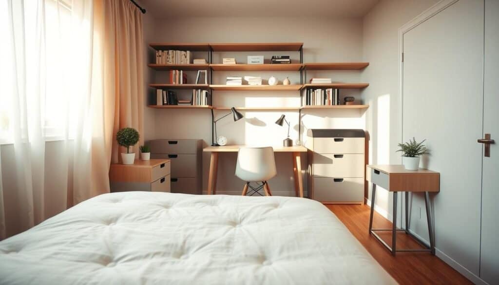 A cozy, small bedroom showcasing innovative storage solutions that promote a sense of tranquility. In the foreground, a neatly made bed with a soft, muted bedspread, flanked by minimalist nightstands holding small potted plants. The middle features a stylish, compact desk against the wall, with organized shelves above displaying books and decorative items, bathed in soft sunlight through a nearby window. The background reveals light, airy curtains, allowing natural light to fill the room, highlighting the warm wooden floors. Use a wide-angle lens to capture the entire space from a slightly elevated angle, creating an inviting atmosphere that evokes peace and relaxation. The scene should be bright and well-lit, reflecting a harmonious blend of functionality and comfort.