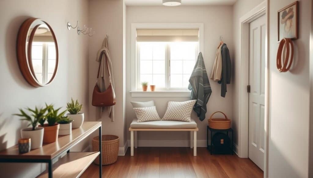 A cozy small entryway showcasing innovative storage solutions and warm décor. In the foreground, a minimalist console table holds decorative items like potted plants and a small mirror, reflecting soft natural light. On the walls, clear hooks display stylish coats and bags, adding a personal touch. The middle ground features a compact bench with inviting cushions, providing a functional seating area. In the background, bright sunlight streams through a nearby window, illuminating light-colored walls and hardwood flooring, creating an airy atmosphere. The overall mood is warm and inviting, enhancing the idea of making the most of limited square footage. The composition captures a welcoming ambiance, perfect for everyday use.