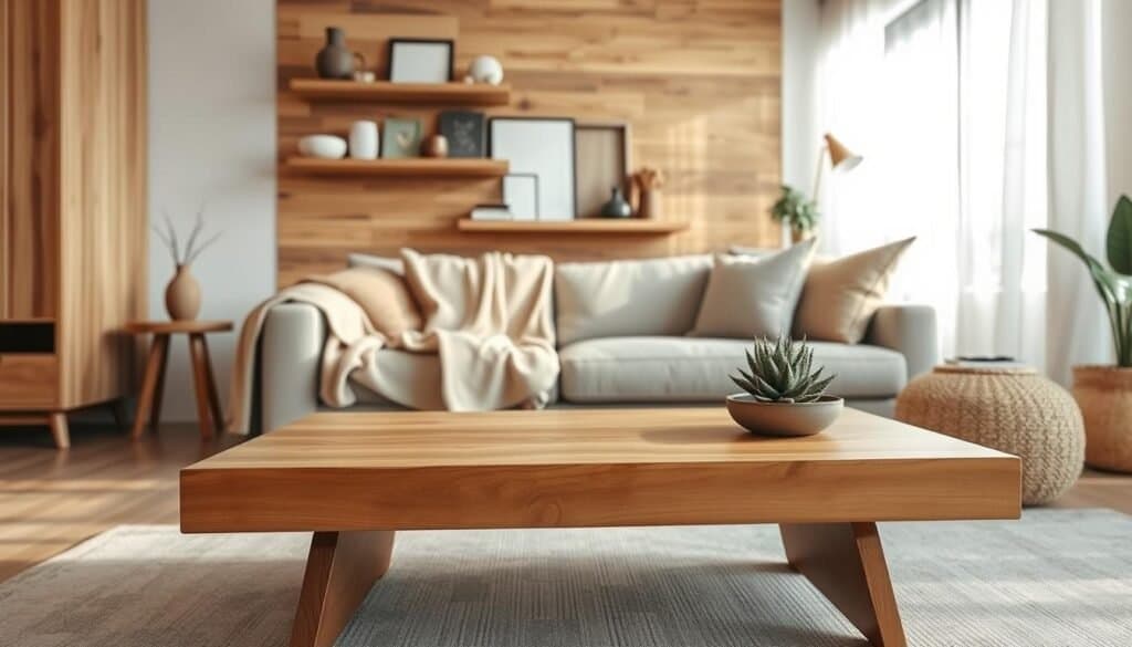 A cozy small living room featuring wood decor ideas that maximize space efficiency and aesthetic appeal. In the foreground, a sleek wooden coffee table with a warm finish, adorned with a small succulent plant. The middle ground showcases a comfortable sofa draped with a soft, neutral-toned throw, placed against a wooden accent wall with floating shelves displaying rustic decor items. In the background, large windows allow bright, natural light to filter through sheer curtains, creating an airy atmosphere. The room should have a soft, inviting color palette of earth tones and natural textures. Capture the scene with a warm, inviting feel, employing soft sunlight to highlight the wood decor’s richness, taken from an eye-level angle to enhance the cozy ambiance.