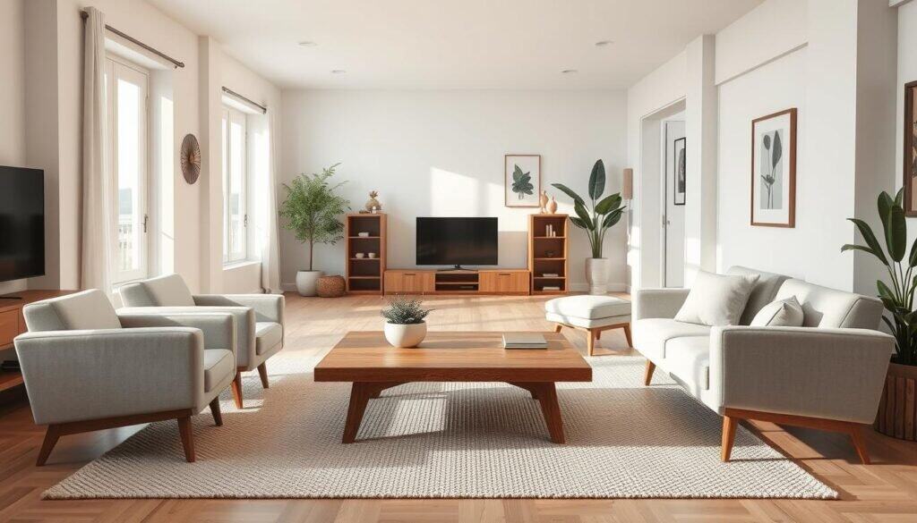 A cozy small living room in an open floor plan, featuring a modern design with neutral color palettes. In the foreground, a soft, textured beige rug anchors the seating area, where a pair of stylish, light gray armchairs are positioned around a minimalist wooden coffee table adorned with a small plant. In the middle, a compact sectional couch with plush cushions is arranged to maximize space, facing a sleek entertainment unit against a bright, airy wall. The background reveals large windows inviting soft, natural sunlight that fills the room, enhancing the inviting atmosphere. Decor elements include subtle greenery and tasteful artwork, creating a harmonious and cohesive feel. Capture this scene with a warm, inviting mood using soft lighting to accentuate textures, shot at eye level for an immersive view.