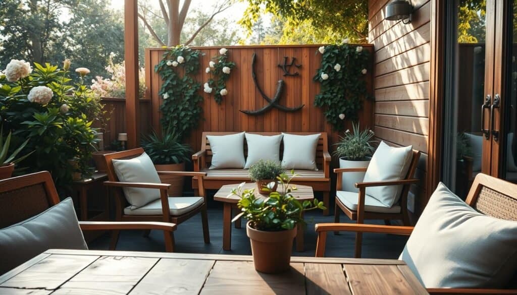 A cozy small patio designed for comfort, featuring warm wooden accents. The foreground includes a rustic wooden table surrounded by modern, plush outdoor chairs in soft, neutral tones. A small potted plant with lush greenery adds a touch of nature to the scene. In the middle, a wooden bench lined with soft cushions sits against a wooden fence, adorned with climbing vines for greenery. The background showcases a hint of a blooming flower garden under bright, natural light, with soft sunlight filtering through nearby trees, creating an inviting atmosphere. The angle is taken from a low perspective, emphasizing the intimacy of the space and inviting viewers to imagine relaxing here. The overall mood is warm, serene, and welcoming, perfect for a compact patio setting.