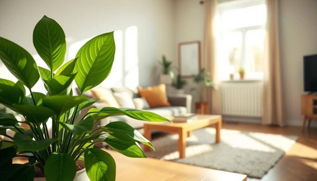 A cozy, sunlit living room showcasing the importance of indoor air quality. In the foreground, a vibrant green houseplant with broad leaves sits on a stylish wooden coffee table, symbolizing fresh air and well-being. In the middle ground, a comfortable sofa adorned with cushions creates an inviting atmosphere, while a soft rug complements the space. The background features a window allowing bright, natural sunlight to filter in, illuminating the room and creating a warm ambiance. Subtle shadows dance on the walls, enhancing the sense of depth. The overall mood is serene and refreshing, evoking a feeling of tranquility and health. The image captures the essence of a harmonious living space where nature meets comfort, highlighting the vital connection between indoor air and well-being.