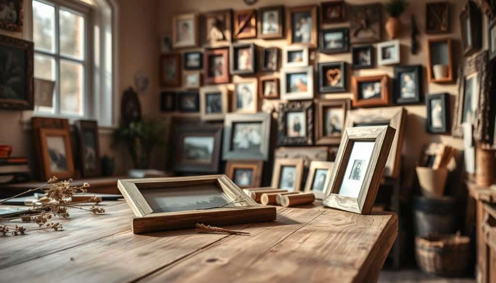A cozy, sunlit workspace showcasing a variety of rustic picture frame ideas. In the foreground, a handcrafted wooden picture frame rests on a smooth, rustic wooden table, adorned with dried flowers and crafting tools. The middle ground features several styled frames, each unique in texture and design—some with reclaimed wood, others with intricate carvings or distressed finishes, displaying family photos and art. In the background, a soft-focus view of a well-organized wall with various hanging frames creates a warm ambiance. Bright natural light streams through a nearby window, casting gentle shadows and highlighting the natural grain of the wood. The atmosphere feels inviting and inspiring, perfect for DIY enthusiasts seeking practical decor solutions.