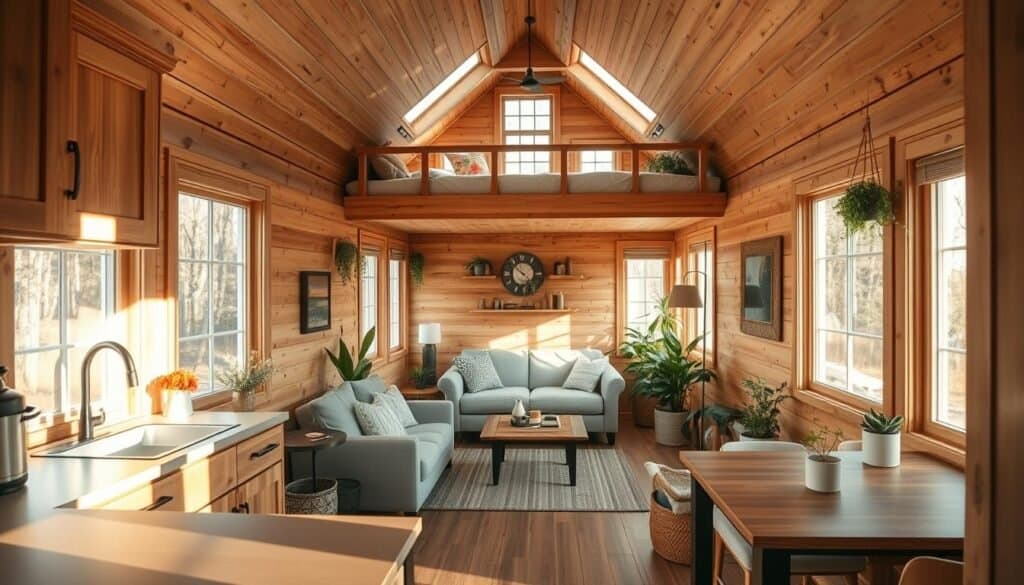 A cozy tiny house cabin interior, featuring an open layout that maximizes space efficiency. In the foreground, a compact kitchen with wooden cabinets and a small dining area. The middle section showcases a multifunctional living area with a comfortable sofa, modular furniture, and soft textiles. A small loft bed is visible overhead, cleverly integrated into the design. In the background, large windows allow warm, soft sunlight to fill the room, highlighting the natural wood tones and earthy color palette. The atmosphere is inviting and serene, with potted plants adding a touch of nature. Shot with a wide-angle lens to capture the entire space, focusing on the interplay of light and the overall warmth of the environment.