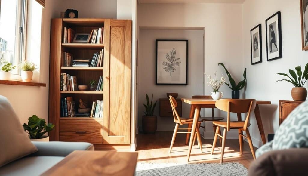 A cozy, well-decorated small living space featuring custom wood projects, such as a handcrafted bookshelf neatly fitting into an awkward corner, and a minimalist wooden desk that doubles as a dining area for two. The foreground showcases these wood pieces with intricate details like smooth finishes and unique grain patterns. In the middle ground, light streams through a nearby window, illuminating the scene with soft, natural sunlight, creating a warm and inviting atmosphere. The background includes potted plants and subtle artwork that enhance the space's charm without overwhelming it. Capture the image from a slight angle to emphasize the functionality and beauty of these wood projects, conveying a sense of harmony and clever design suitable for small areas. The mood should be bright, uplifting, and inspiring, reflecting a creative solution for maximizing space.