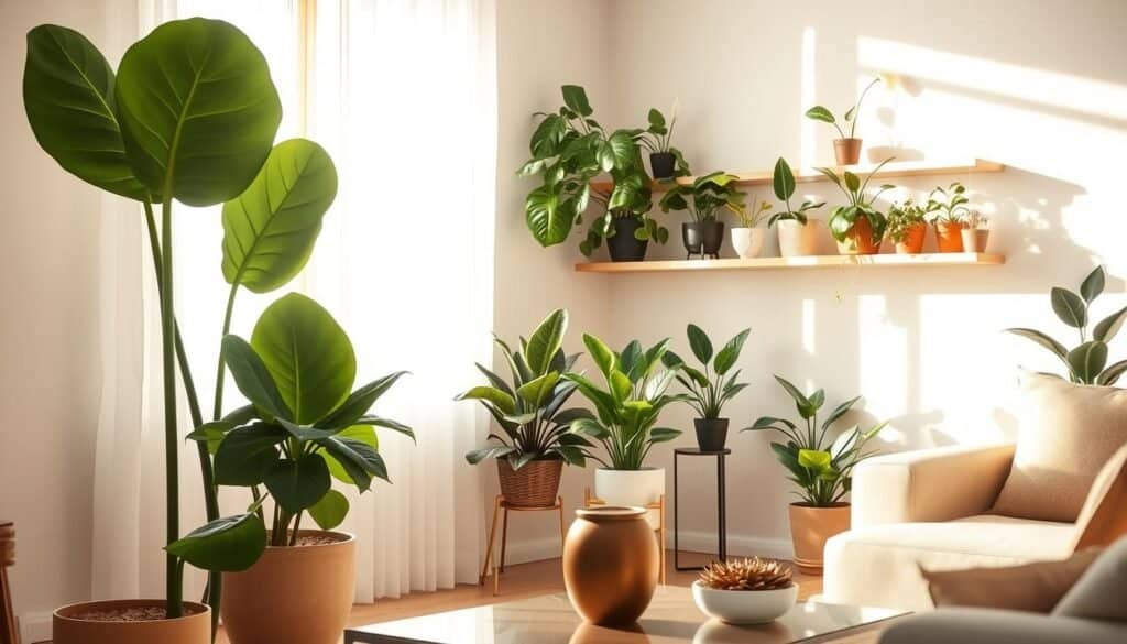 A cozy, well-lit living room featuring various houseplants positioned strategically around the space. In the foreground, a large potted fiddle leaf fig with glossy leaves stands next to a sunlit window, while a small succulent arrangement sits on a stylish coffee table. The middle ground showcases a sleek wooden shelf filled with different types of plants, like snake plants and peace lilies, all thriving under soft, warm sunlight. In the background, light-colored walls and minimalist decor create an airy atmosphere, capturing a sense of tranquility and freshness. The scene is bathed in bright, natural light, enhancing the vibrant greens of the plants. The overall mood is inviting and rejuvenating, perfect for showcasing the impact of houseplants in enhancing interior spaces.