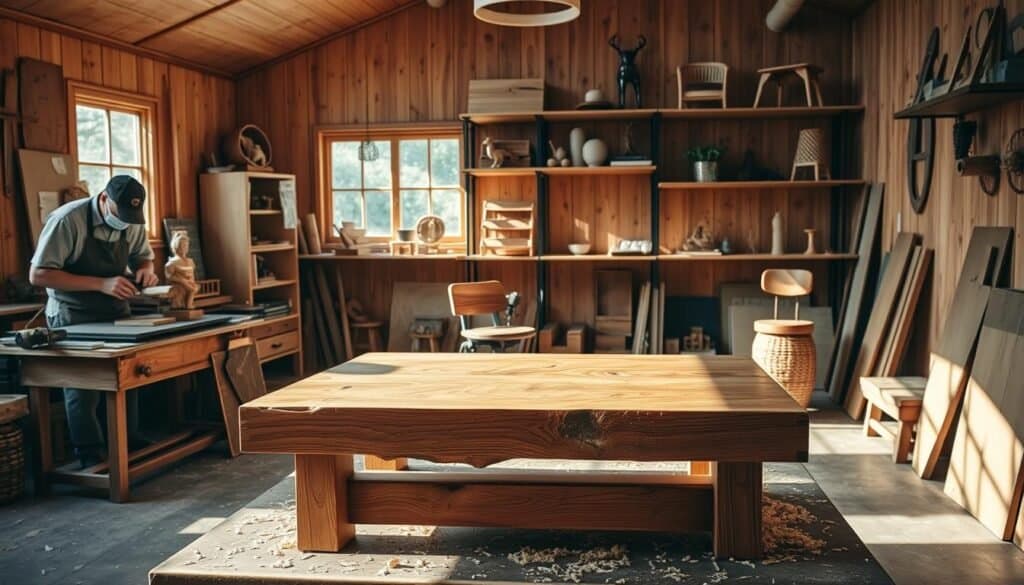 A cozy, well-lit workshop showcasing an array of sustainable wooden creations. In the foreground, a beautifully crafted wooden coffee table with intricate joinery sits atop a rustic workshop bench, adorned with tools and wood shavings. To the left, a skilled craftsperson, dressed in modest casual attire, carefully chisels a wooden figurine, showcasing dedication and skill. The middle ground features shelves displaying completed DIY wood projects, including a minimalist bookshelf, an elegant wooden chair, and decorative plant stands, all set against a backdrop of natural pine wood walls. Sunlight streams through large windows, illuminating the space with a warm glow, while shadows create depth. The atmosphere is inviting and inspiring, reflecting the timeless appeal of handcrafted wooden items in home décor.