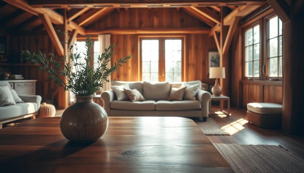 A cozy wood interior design scene, showcasing a warm and inviting living room. In the foreground, a polished wooden coffee table displays a rustic vase filled with greenery. The middle area features a plush sofa adorned with soft, neutral-colored pillows, and a handwoven rug that adds texture. Behind, large windows allow bright natural light to flood in, illuminating the warm timber beams and walls. Sunlight creates soft patterns on the floor, enhancing the room's warmth. The atmosphere is serene and peaceful, evoking a sense of comfort and tranquility. Use a slightly elevated angle to capture the room's depth, with a focus on the rich grains of the wood and the interplay of light and shadow, emphasizing the beauty of natural materials in creating a welcoming space.