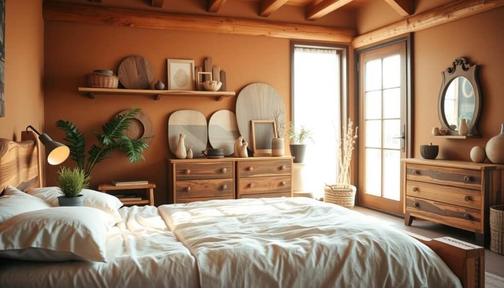 A cozy wooden bedroom decor scene showcasing a beautifully styled room with natural wood elements. In the foreground, a rustic wooden bed frame with soft, neutral bedding invites relaxation. A handcrafted bedside table holds a small potted plant and a warm lamp emitting soft sunlight. In the middle, wooden accents like a dresser and shelves display carefully curated decor items made from reclaimed wood. The walls are painted in warm earthy tones, enhancing the natural warmth of the space. In the background, a large window allows bright natural light to flood in, illuminating the room and creating an airy atmosphere. The overall mood is serene and inviting, perfect for promoting coziness and relaxation.
