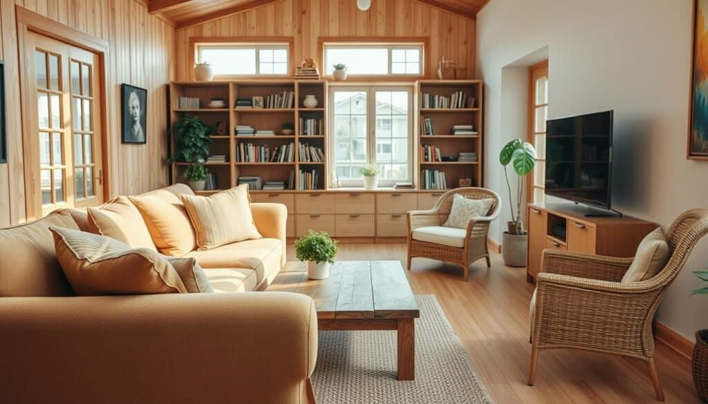 A cozy wooden living room featuring a harmonious furniture arrangement. In the foreground, a plush, earth-toned sofa is paired with a rustic wooden coffee table adorned with a small potted plant. To the side, a woven armchair offers additional seating, enhancing comfort. In the middle ground, a large wooden bookshelf filled with books and decorative items complements the space. The background showcases a window allowing warm, soft sunlight to filter in, creating an airy atmosphere. Light wood floors enhance the room's brightness, while a woven rug adds texture underfoot. The overall mood is inviting and relaxed, perfect for unwinding in a serene, stylish setting. The image captures the essence of a comfortable, well-organized living room, emphasizing wooden elements and natural light.
