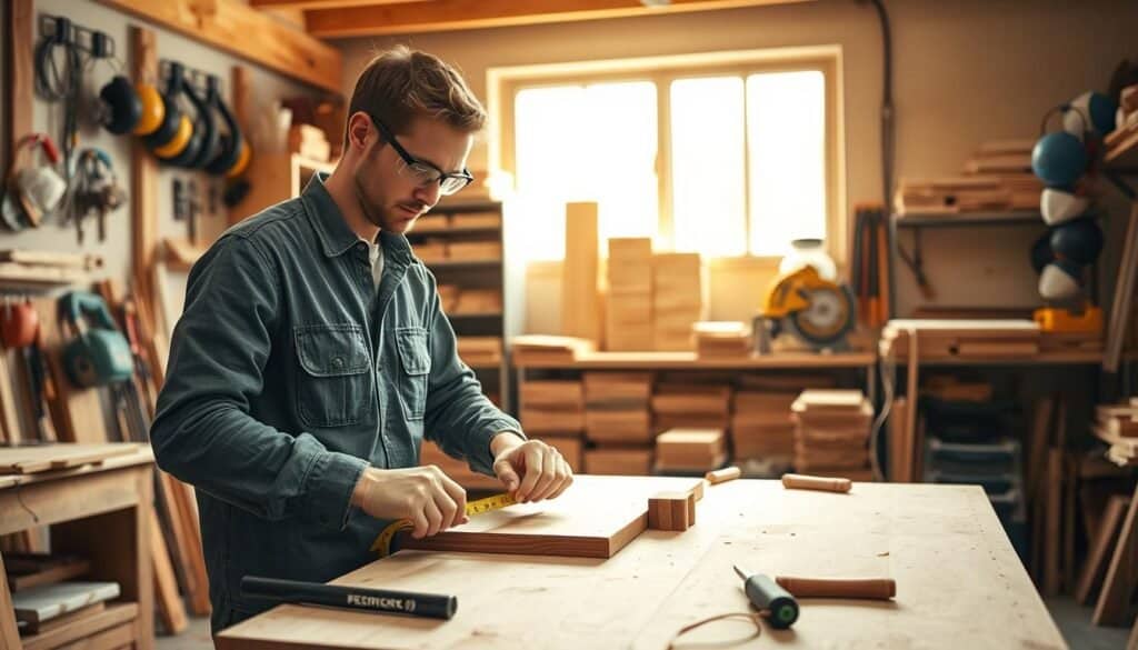 A cozy woodworking workshop interior, filled with essential woodworking tools like a saw, chisels, and a workbench stacked with wood pieces. In the foreground, a beginner woodworker in modest casual clothing, wearing safety goggles and gloves, is carefully measuring a piece of wood with a tape measure. The middle ground showcases a well-organized workspace with safety gear like ear protection and dust masks neatly arranged. The background reveals shelves filled with neatly arranged wood and tools, all illuminated by soft, natural sunlight filtering through a large window, creating a warm and inviting atmosphere. The overall mood conveys diligence and safety awareness, perfect for a DIY woodworking setting.