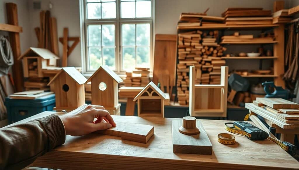 A cozy woodworking workshop scene, featuring a well-organized workbench with beginner-friendly woodworking projects, such as a simple birdhouse and a small bookshelf. In the foreground, a pair of hands carefully sanding wood, showcasing the craftsmanship involved. The middle ground features neatly stacked timber and essential tools like a saw and measuring tape, inviting the viewer to explore woodworking. The background is an airy space with soft natural sunlight filtering through a large window, illuminating the wooden structures and workshop ambiance. The overall mood is warm and inviting, reflecting a serene atmosphere perfect for slow, productive evenings. The scene captures a sense of tranquility and creativity, encouraging beginners to embark on their woodworking journey.