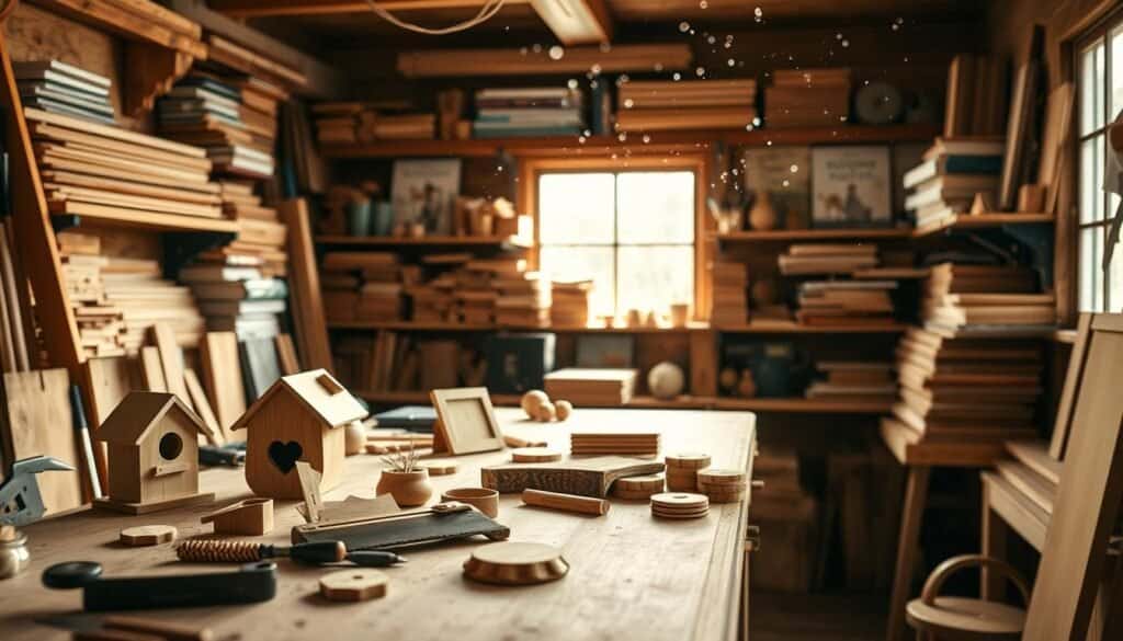 A cozy woodworking workspace filled with beginner-friendly projects. In the foreground, a sturdy workbench adorned with handcrafted wooden items like a small birdhouse, a picture frame, and simple coasters. Scattered tools like a hand saw, chisel, and wood glue add to the atmosphere. In the middle, shelves lined with neatly-stacked lumber and inspirational woodworking books. In the background, a window allows soft, natural light to stream in, illuminating dust motes in the air, creating an inviting and productive ambiance. The scene should convey a sense of warmth and creativity, highlighting the joy of building personal items from wood in a serene, airy setting. Use a soft-focus lens effect to enhance the mood.