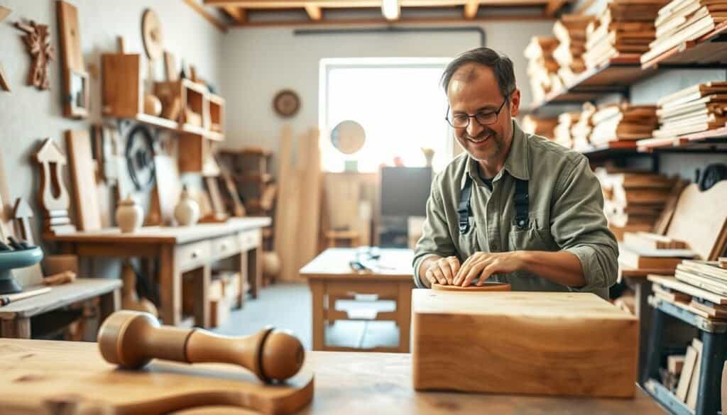A cozy workshop filled with a variety of DIY wood projects in progress, showcasing detailed wooden items like a rustic table, a set of shelves, and handcrafted decor. In the foreground, a close-up of well-crafted wooden tools, like a chisel and wood glue, rests on a workbench. The middle ground features a skilled craftsperson in modest casual clothing, focused and engaged in sanding a piece of wood, with an expression of satisfaction on their face. The background reveals shelves filled with neatly organized wood planks and a bright window allowing soft, natural sunlight to flood the space, creating an airy, warm atmosphere. The shot is taken from a slightly elevated angle to capture the depth of the workshop and emphasize the craftsmanship involved.