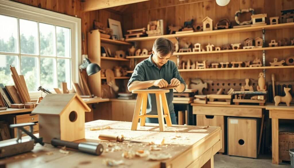 A cozy workshop filled with small woodworking projects in progress. The foreground features a sturdy workbench with a half-finished wooden birdhouse and neatly arranged tools, such as a saw and chisel, highlighting the hands-on nature of woodworking. In the middle ground, a skilled artisan, dressed in modest casual clothing, concentrates on sanding a small stool, surrounded by shavings of wood that reflect the joy of crafting. The background showcases shelves filled with completed small projects, like picture frames and toys, bathed in bright, natural light that streams through a large window. Soft sunlight enhances the inviting atmosphere, creating a sense of accomplishment and tranquility, with warm wood tones dominating the scene. The overall mood is productive and cheerful, celebrating the satisfaction of completing wood projects in a single afternoon.