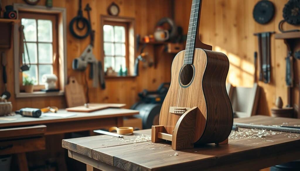 A cozy workshop scene featuring a beautifully crafted DIY wooden guitar holder, prominently displayed in the foreground. The holder, made of rich oak with a smooth finish, showcases elegant curves and an ergonomic design, holding an acoustic guitar securely. In the middle ground, a workbench covered with woodworking tools, measuring tape, and wood shavings adds context, highlighting the crafting process. The background features warm wood-paneled walls, adorned with tools and rustic decor. Soft natural sunlight filters through a nearby window, casting gentle shadows and creating an inviting atmosphere. The image captures the essence of a peaceful afternoon project, evoking a sense of creativity and craftsmanship. Ideal depth of field, vibrant colors, and a focus on the textures of the wood enhance the realism of the scene.