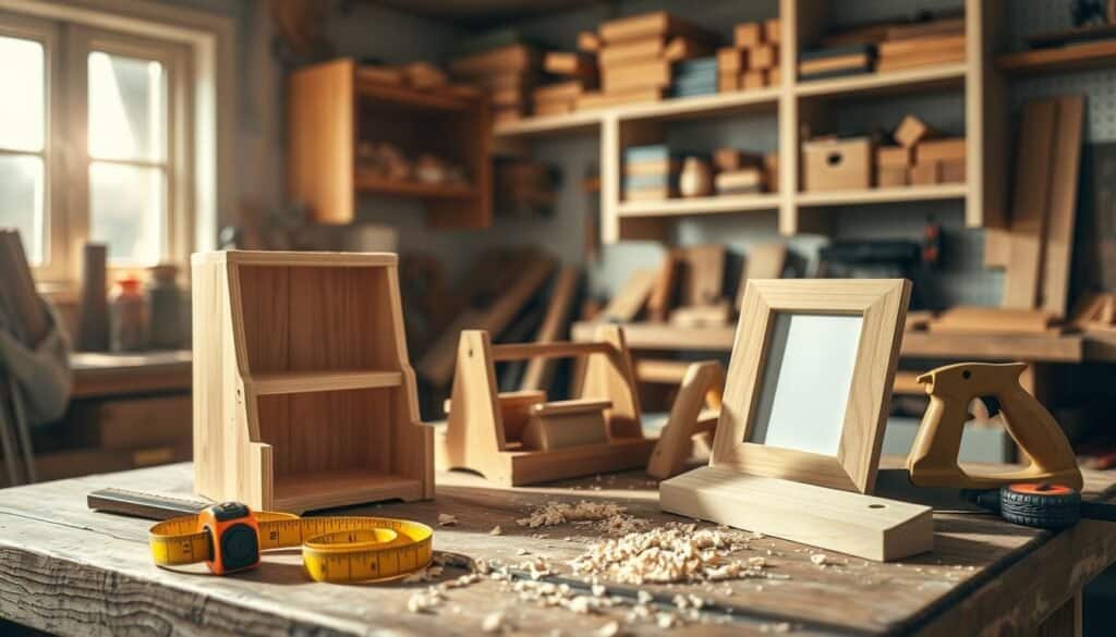 A cozy workshop scene featuring a variety of simple woodworking projects, such as a small wooden shelf, a spice rack, and a picture frame, all neatly arranged on a rustic workbench. In the foreground, showcase hand tools like a tape measure and saw, with wood shavings scattered artistically. The middle ground reveals bright, soft sunlight streaming through a window, illuminating the warm wooden textures and enhancing the inviting atmosphere. The background should feature shelves lined with neatly organized woodworking supplies, adding depth to the scene. Capture this composition with a shallow depth of field to focus on the projects while gently blurring the background. Aim for a realistic and airy feel that emphasizes the practicality and charm of DIY wooden solutions for everyday frustrations.