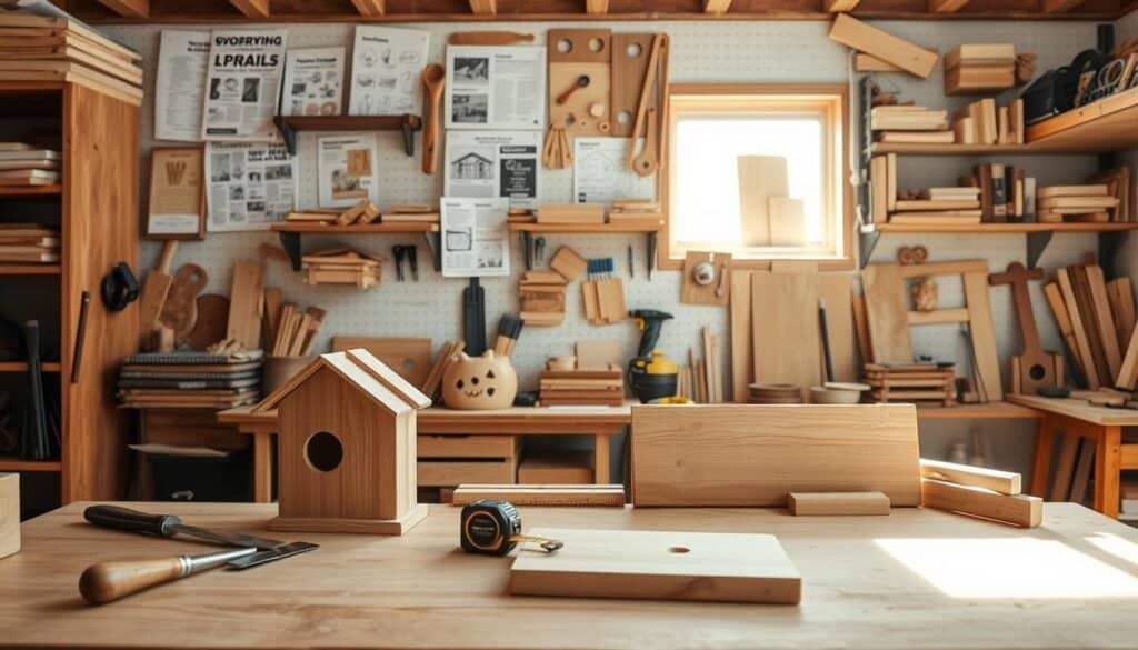 A cozy workshop scene featuring a variety of small wood projects ideal for beginners. In the foreground, a wooden workbench with neatly arranged tools like a chisel, a small saw, and a tape measure, along with partially completed items like a simple birdhouse and a customizable wooden sign. In the middle, light streams in through a window, illuminating a wall adorned with inspirational woodworking plans and finished small projects. The background showcases shelves filled with wood scraps and organized tools, all bathed in warm, soft sunlight. The atmosphere is inviting and encouraging, embodying the spirit of DIY creativity in a well-lit, airy space, perfect for busy individuals seeking a rewarding hobby.