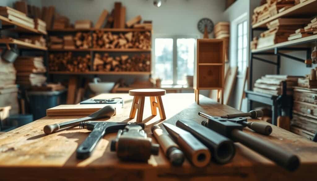 A cozy workshop scene featuring an array of simple woodworking projects, such as a small wooden stool and a wooden shelf, positioned prominently on a rustic workbench. In the foreground, various hand tools like a hand saw, chisel, and clamps are neatly arranged, emphasizing the use of everyday tools. The middle ground reveals soft sunlight streaming through a window, illuminating the wood grain and creating warm shadows. In the background, shelves are lined with completed DIY projects and stacks of wood. The atmosphere is inviting and inspiring, encouraging creativity. The lighting is bright and airy, creating a well-lit environment that highlights the simplicity and accessibility of woodworking.