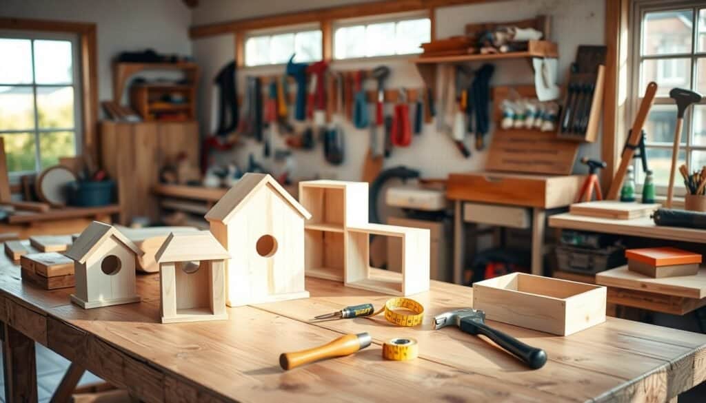 A cozy workshop scene showcasing a variety of easy DIY wood projects suitable for all skill levels. In the foreground, there's a wooden table with several unfinished projects, including a birdhouse, a simple bookshelf, and a small planter. Tools like a saw, hammer, and measuring tape lie neatly alongside. The middle ground features a well-organized tool wall, with various hand tools hung up for easy access. In the background, large windows allow soft, natural light to flood the space, casting gentle shadows on the wooden surfaces. The atmosphere is warm and inviting, with a hint of creativity in the air, perfect for inspiring DIY enthusiasts.