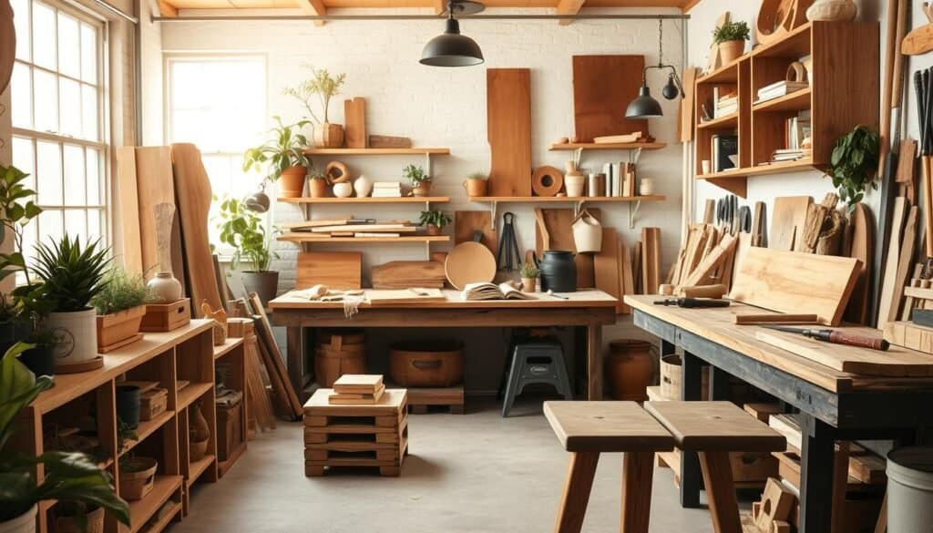 A cozy workshop scene showcasing various DIY wood projects that convey durability and timeless appeal. In the foreground, there are beautifully crafted wooden shelves filled with plants, books, and decorative items, all in rich wood tones. The middle ground features a sturdy workbench with hand tools, wood scraps, and half-finished projects indicating ongoing creativity. In the background, a large window lets in bright, soft sunlight, creating an airy, well-lit atmosphere. The setting highlights a sense of craftsmanship and pride in woodworking, evoking a mood of warmth and satisfaction in DIY achievements. The image focuses on realistic home décor with natural elements, inviting viewers to appreciate the beauty and functionality of these wood projects over time.