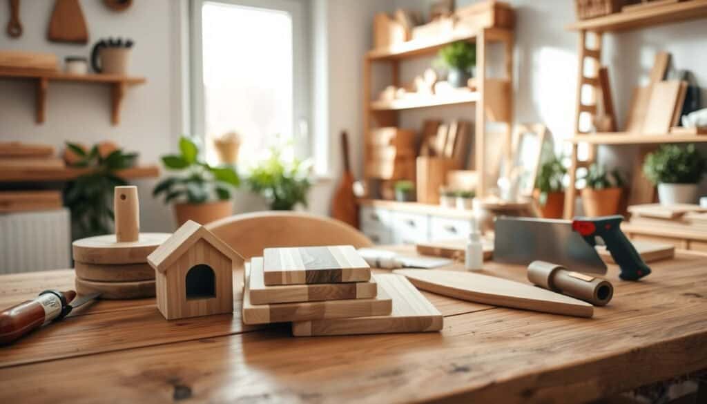 A cozy workspace showcasing simple wood projects, including a small wooden birdhouse, a stack of finished cutting boards, and crafting tools like a hand saw and wood glue. The foreground features a rustic wooden table with the projects neatly arranged. In the middle ground, soft sunlight filters through a nearby window, casting gentle shadows that enhance the wood's natural grain. The background includes potted plants and shelves lined with neatly organized woodworking materials, suggesting a serene and inviting atmosphere. The overall mood is calm and focused, encouraging mental clarity and creativity. The image captures the essence of crafting with wood, promoting a sense of tranquility and accomplishment in a well-lit, airy home environment.