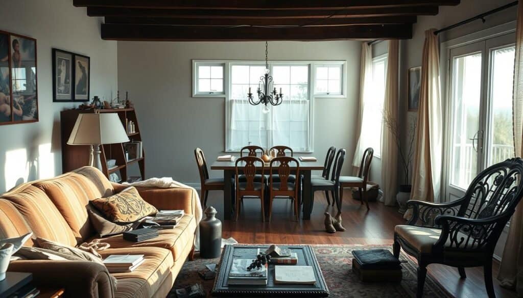 A cozy yet disjointed living space illustrating signs of home disconnection. In the foreground, an eclectic arrangement of mismatched furniture pieces—a worn-out sofa, an ornate coffee table, and a rustic wooden chair—expressing a lack of cohesive style. Scattered personal items, like books and ornaments, create a cluttered effect that contributes to the sense of disarray. The middle ground features a dimly lit dining area with an unfinished table setting and empty chairs, suggesting neglect. In the background, bright natural light streams through large windows, casting soft shadows and highlighting the contrast between warmth and disconnection. The overall atmosphere is one of confusion and misplaced comfort, evoking a need for reorganization and connection in the home.
