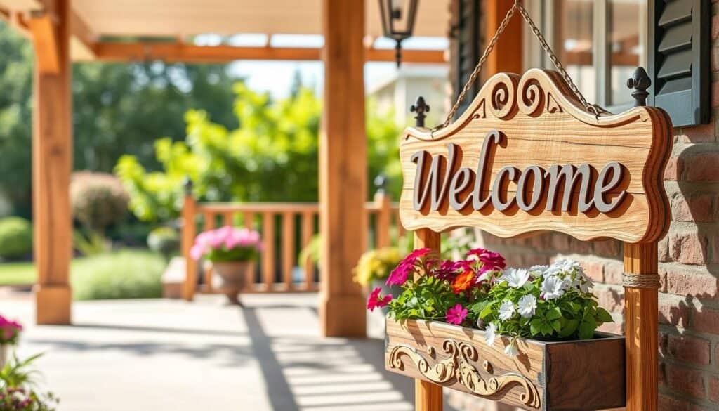 A decorative wooden welcome sign, elegantly crafted with a rustic finish, prominently displayed in the foreground. The sign features intricate carvings and a warm, inviting design. Integrated into the bottom of the sign is a charming planter filled with vibrant, blooming flowers, adding a touch of color and life. The middle ground reveals a well-maintained porch with natural wood accents, bathed in soft sunlight that highlights the textures of the wood. In the background, a beautifully landscaped garden is visible, providing a serene atmosphere. The lighting is bright and airy, creating a welcoming feel. The overall mood is cheerful and inviting, perfect for a DIY project display. No text or other distractions in the image.