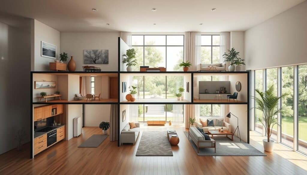 A detailed and realistic house floorplan showcasing the concept of structural balance in interior spaces. The foreground should display various rooms including an open living area, a kitchen with modern appliances, and a cozy bedroom, all designed for optimal spatial flow. The middle layer showcases elegant furniture arrangements and natural pathways, emphasizing equilibrium in design. In the background, large windows allow for bright, soft sunlight to fill the spaces, creating an airy atmosphere. Use a wide-angle lens perspective to capture the overall layout and flow. The mood should be serene and inviting, reflecting the principles of balance and harmony in interior design. Ensure no text or overlays are present in the image.