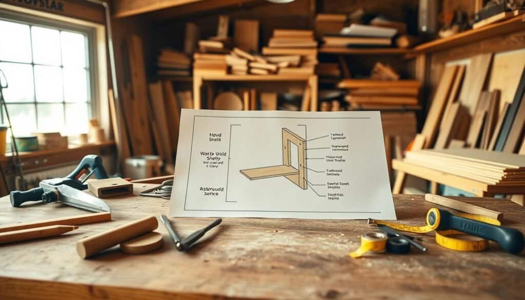 A detailed woodworking project diagram featuring a well-organized workspace. In the foreground, a large, sturdy wooden workbench cluttered with essential tools like a saw, chisels, and measuring tape. The middle ground showcases a well-drawn, labeled diagram of a simple wooden project, such as a small shelf or birdhouse. The background includes shelves filled with various hardwoods and plywood, along with bright, natural lighting streaming through a nearby window. The atmosphere is warm and inviting, embodying a productive and serene woodworking environment. The scene captures the essence of preparation for a rewarding afternoon project, emphasizing clarity and efficiency in the workspace with soft sunlight illuminating the details.