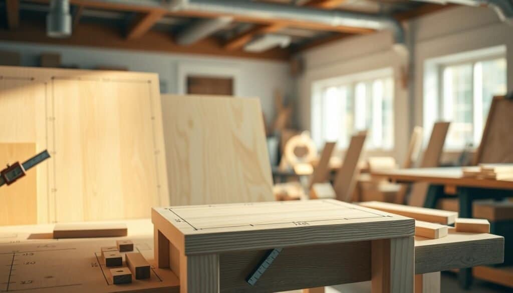 A detailed woodworking project diagram showcasing various wooden pieces arranged methodically, featuring clear measurements and annotations. The foreground displays an intricate layout of a small furniture piece, such as a side table, with labeled dimensions and tools like a square and caliper to highlight precision. In the middle, a softwood background emphasizes the natural grain patterns of the wood, with lightly sketched lines indicating joinery techniques like dovetails. The background includes a softly blurred workshop setting, illuminated by bright, natural light streaming through large windows, creating an airy and inviting atmosphere. The overall mood is focused and inspiring, encouraging viewers to engage with woodworking plans and visual learning.