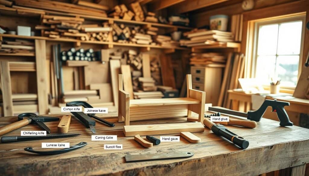 A detailed woodworking project scene featuring various labeled parts spread across a rustic wooden workbench. In the foreground, tools such as a chiseling knife, a hand saw, and clamps are neatly arranged, with clear labels indicating their names. The middle ground displays a partially assembled wooden small bench, showcasing joinery details and wood grain textures. The background features a well-lit workshop with shelves stocked with assorted lumber and essential materials like wood glue and screws. Bright natural sunlight filters through a nearby window, creating soft highlights and shadows, enhancing the warm, inviting atmosphere of a productive afternoon. The overall mood is inspiring and educational, illustrating the essentials for quick wood projects in a realistic, homey setting.