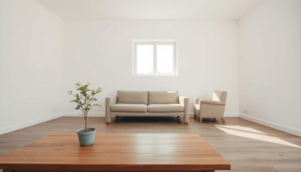 A flat, uninspiring room with pale-colored walls and minimalistic furniture, conveying a sense of emptiness and boredom. In the foreground, a simple wooden table holds a solitary, small potted plant, symbolizing life amidst the dullness. The middle of the room features a plain, unadorned sofa and a single, drab armchair, both upholstered in neutral tones. The background includes a bare window, allowing soft, natural light to filter in, casting gentle shadows on the smooth wooden floor. The atmosphere is quiet and stale, creating an impression of stagnation. Use a wide-angle lens to capture the entire scene, emphasizing the spaciousness and lack of decor. The lighting is bright yet soft, enhancing the overall mood of monotony without any distractions.