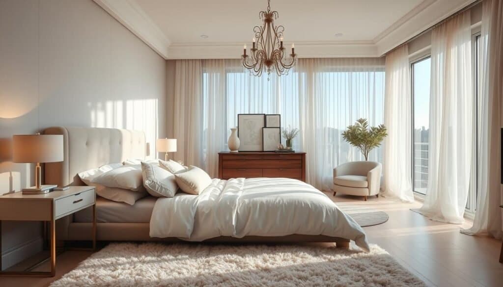 A luxurious bedroom apartment featuring a cozy yet elegant design, showcasing a king-sized bed adorned with fluffy white linens and an assortment of soft, pastel-colored pillows. The foreground highlights a plush area rug that adds warmth, while a stylish bedside table holds a minimalist lamp. In the middle, a tasteful wooden dresser complements the bed, and a statement chandelier hangs from the ceiling, providing soft, ambient lighting. Large windows in the background allow bright, natural light to flood the space, illuminating the light wooden flooring and sheer drapes that gently sway with the breeze. The overall atmosphere is inviting and serene, evoking a sense of comfort and relaxation, perfect for a warm yet airy retreat.